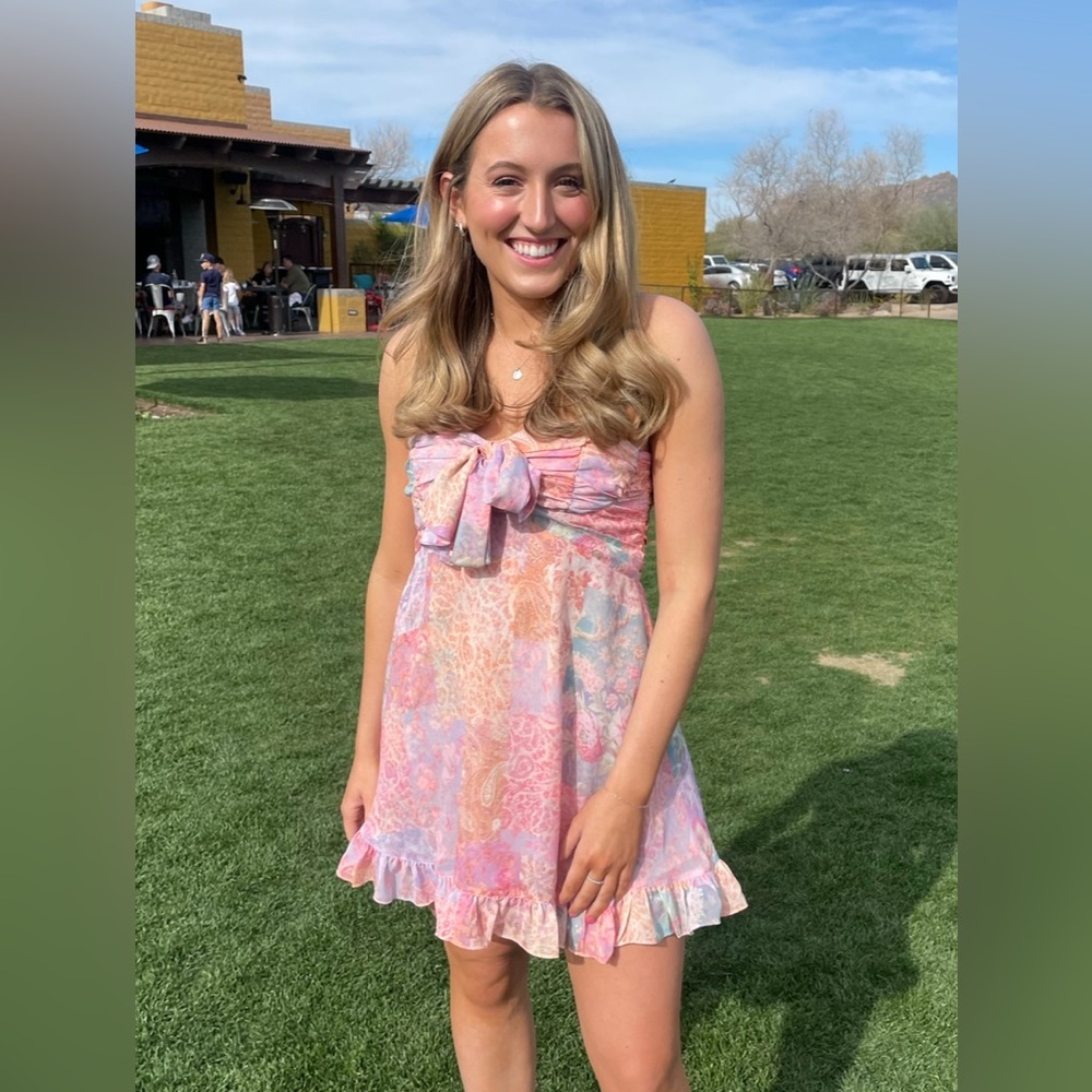 For Love And Lemons Pink Orange Ruffled Tie Front Sundress